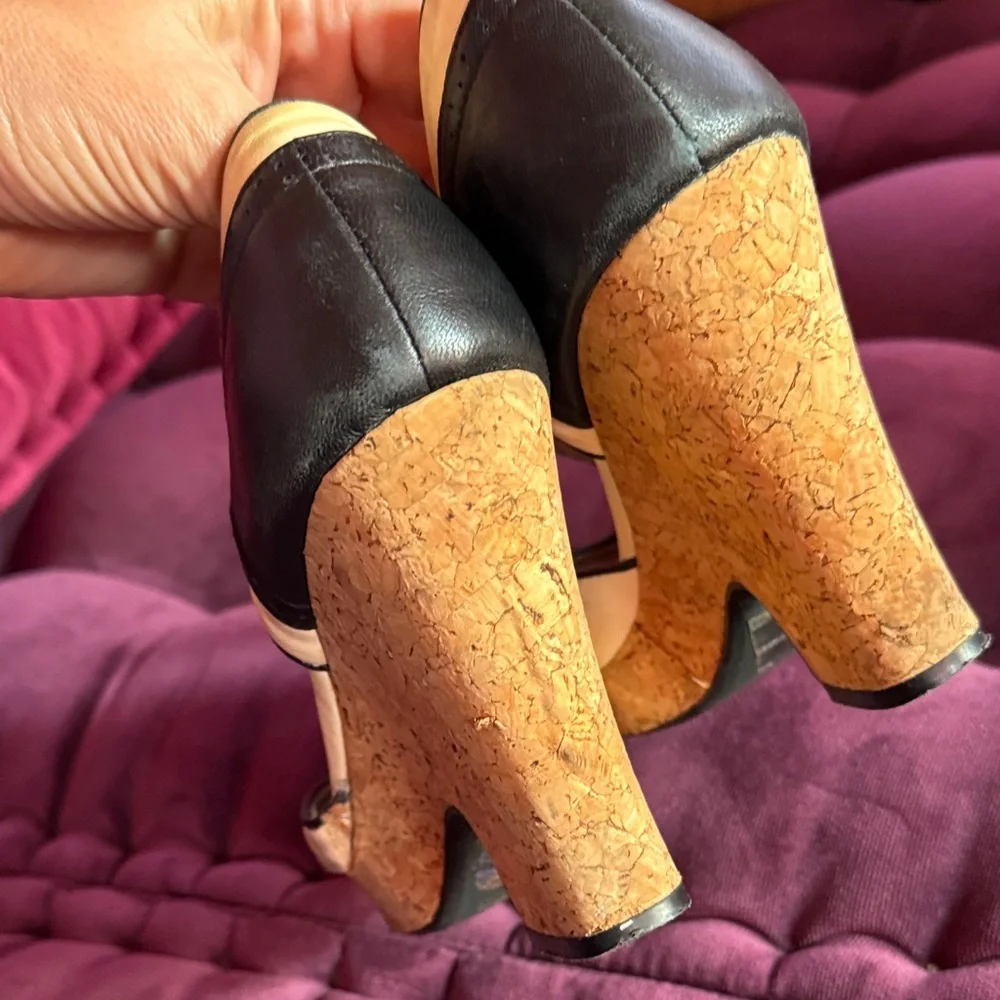 Miss L Fire shoes Elegant Black and Cream Wedge Sandals 9.5